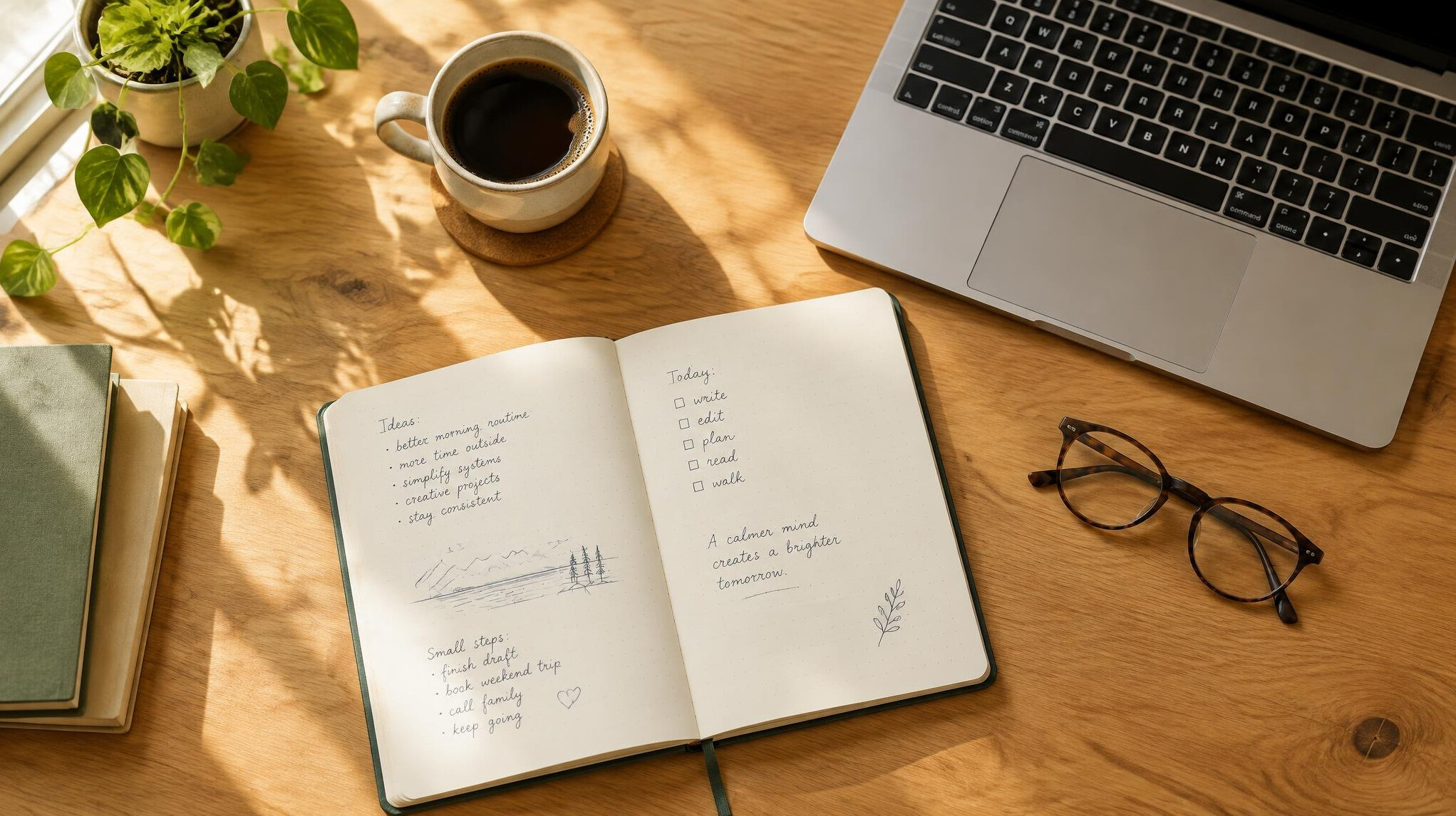 Desk with an open notebook, laptop and coffee cup